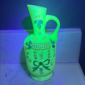 Victorian Pale Green Custard Satin Uranium Glass Vase/Ewer - Hand Painted 7”